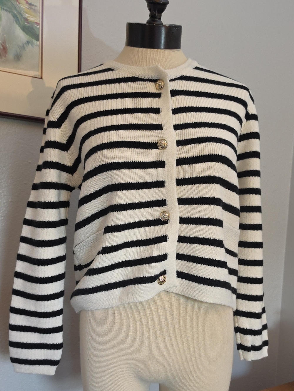 Striped Black & White Button-Front Women's Sweater Nautical Nwot Academia Preppy